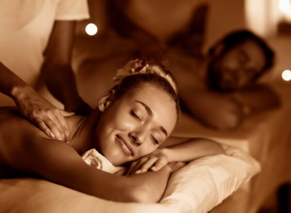 Romantic side-by-side couple massage experience at Amara Thai wellness spa in NYC
