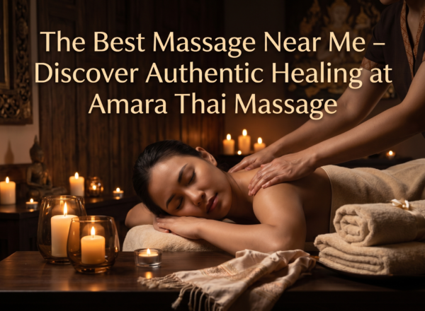 Authentic Thai massage experience at Amara Thai Massage featuring a serene spa atmosphere with traditional wooden decor, green treatment beds, and professional therapist for the best massage near me.