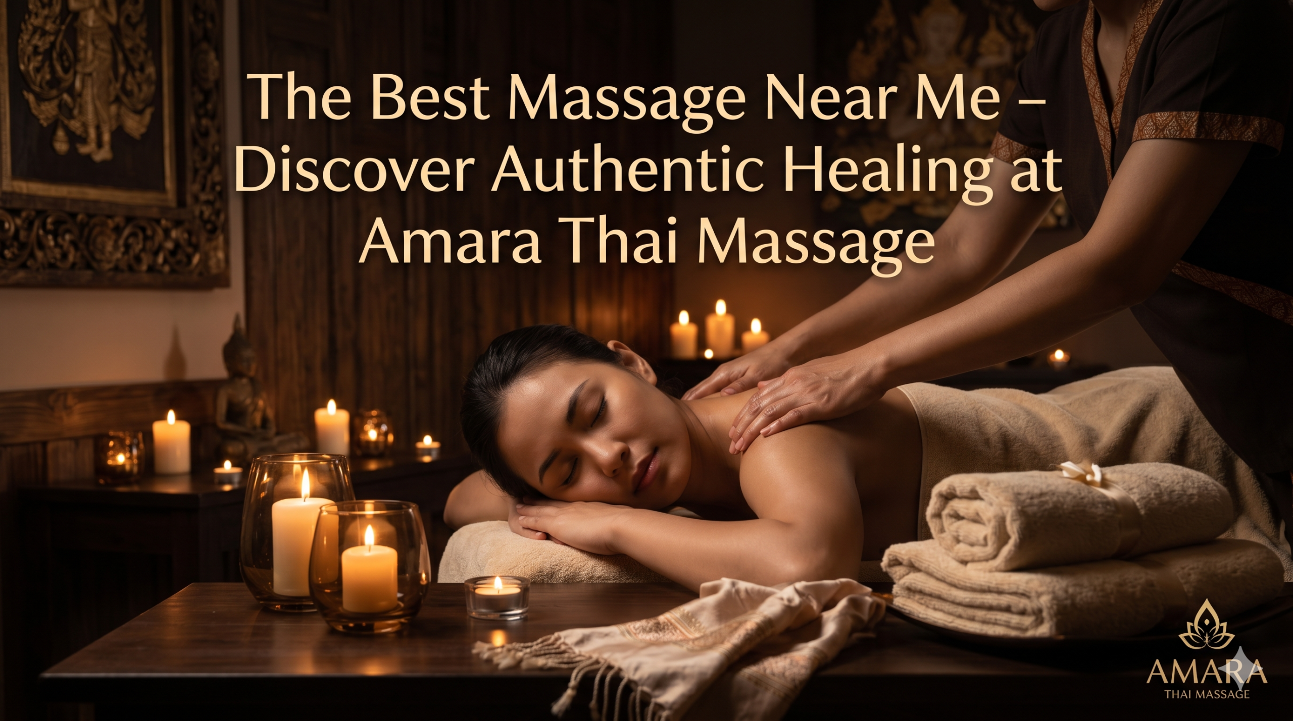 Authentic Thai massage experience at Amara Thai Massage featuring a serene spa atmosphere with traditional wooden decor, green treatment beds, and professional therapist for the best massage near me.