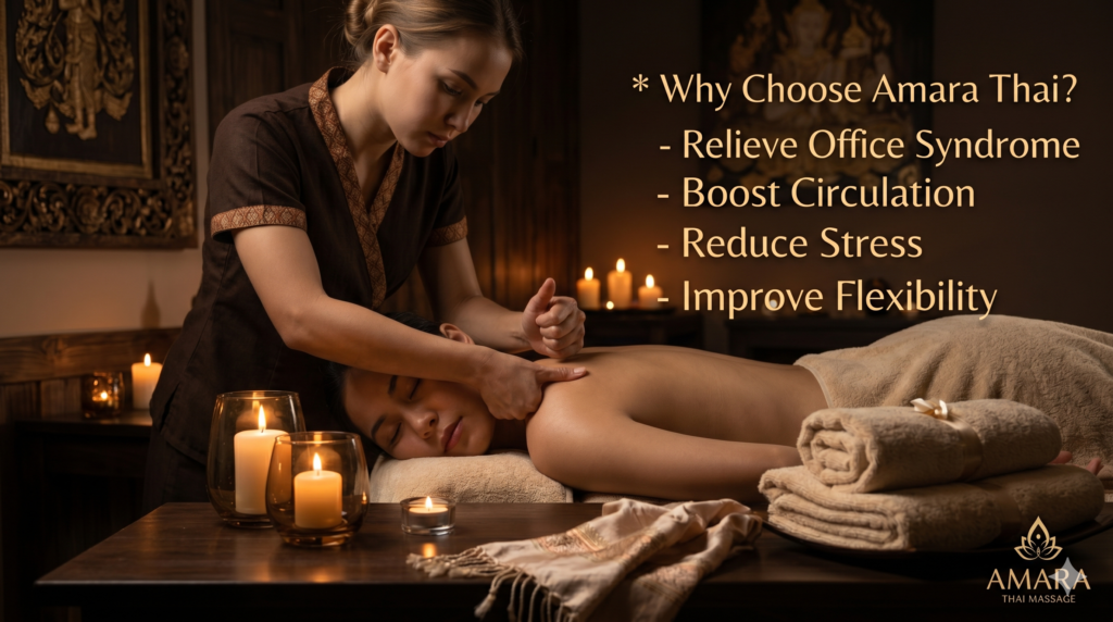 5 Warning Signs Your Body Is Begging for a "Massage Near Me" Professional Thai therapist performing deep tissue thumb pressure massage at Amara Thai Massage to relieve Office Syndrome, boost circulation, and improve flexibility.